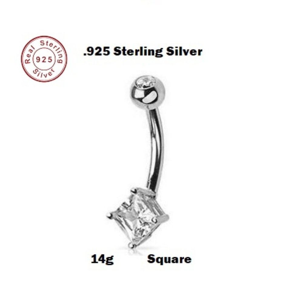 Navel ~ .925 Sterling Silver CZ 5mm Solitaire SQUARE Belly Ring